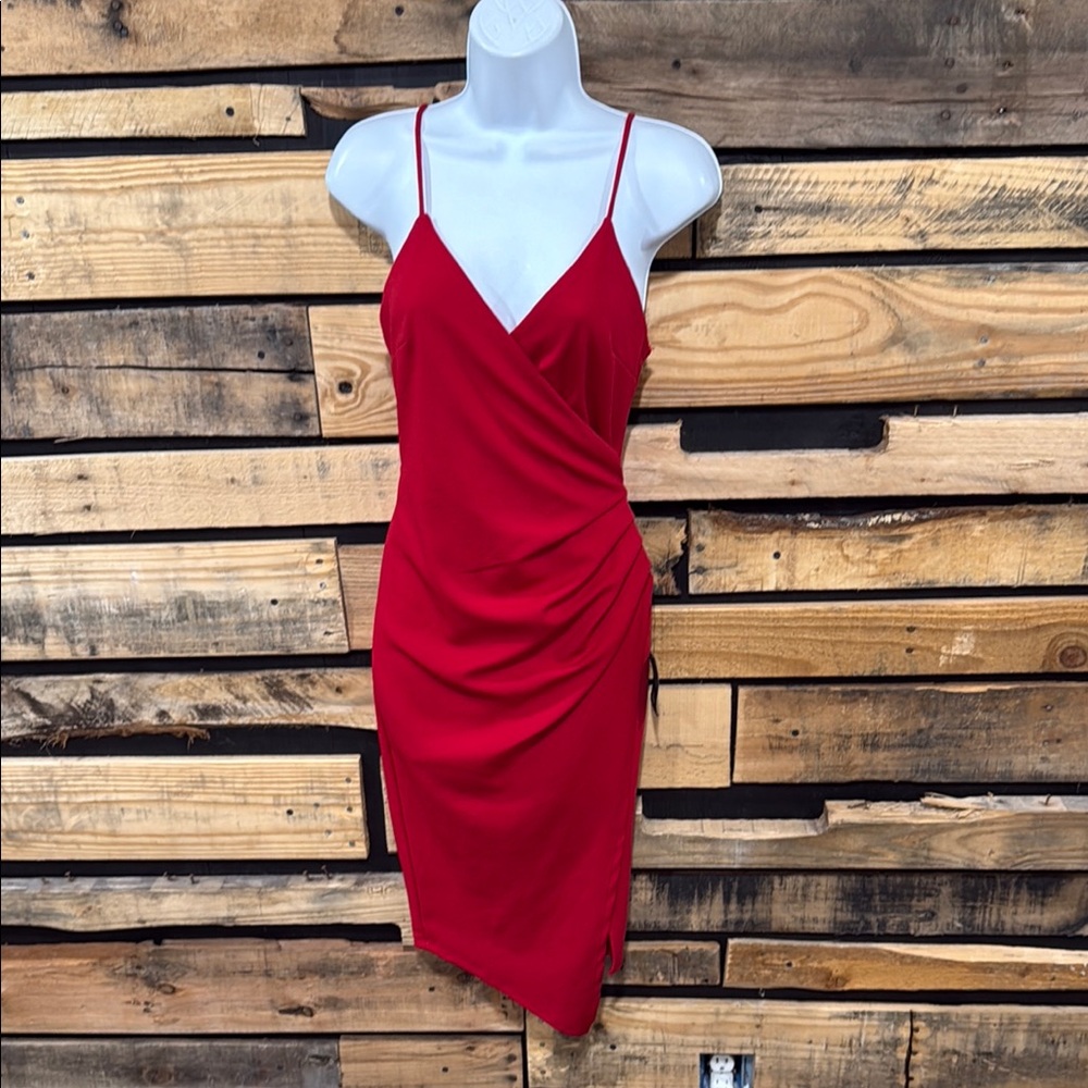 Lulu's Red Spaghetti-Strap Wrap Midi Dress